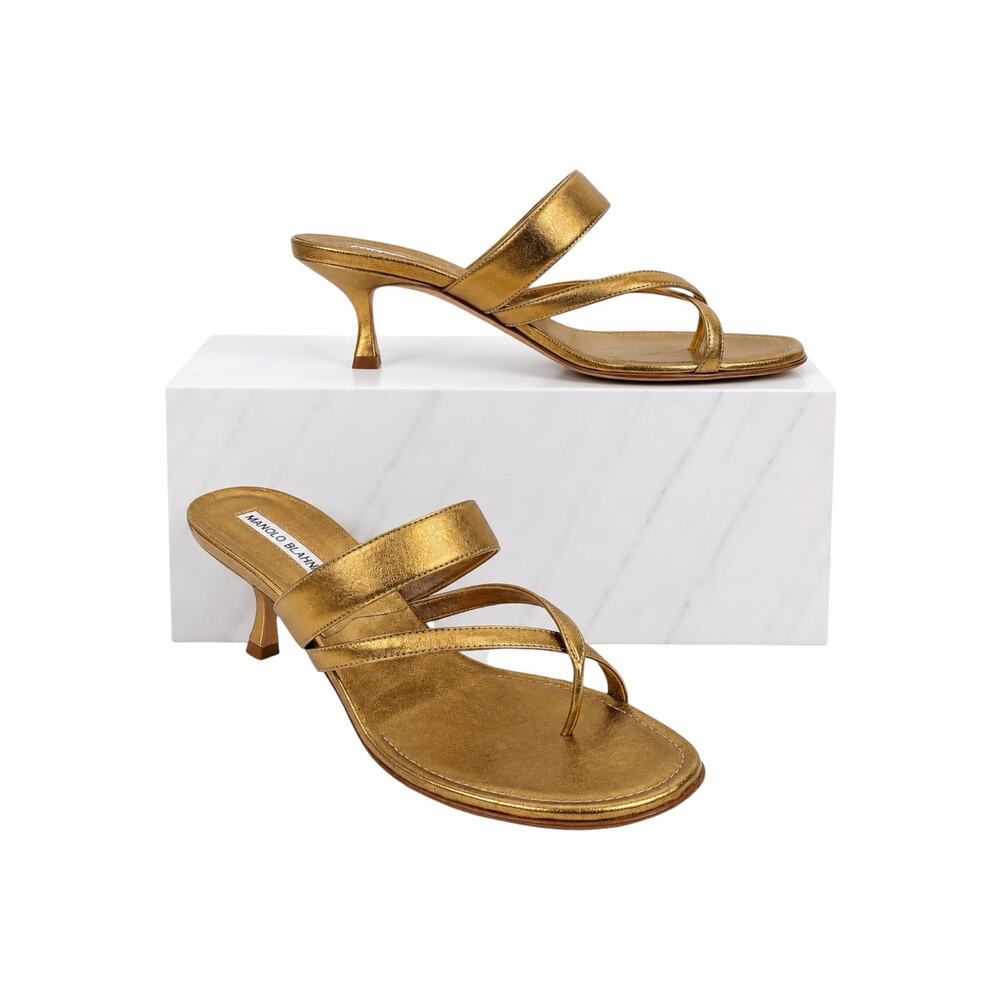 Manolo Blahnik Susa 50 Metallic Leather Sandal Kitten Heel Gold Size 38
